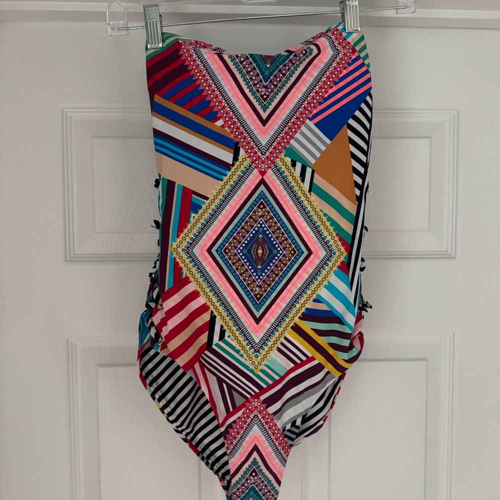 Red Carter Multicolor Geometric One-Piece Swimsuit — Pink, Blue, Teal, Mustard
